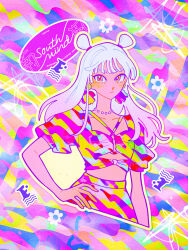 Rule 34 | 1990s (style), 1girl, artist name, blush, closed mouth, clothing cutout, collarbone, colorful, commentary, cowboy shot, crop top, cropped legs, earrings, english commentary, expressionless, flower (symbol), gradient hair, grey hair, hand on own hip, highres, inuha dog wave, jewelry, looking at viewer, midriff, multicolored background, multicolored clothes, multicolored hair, multicolored shirt, multicolored skirt, necklace, orange eyes, original, outline, pearl necklace, pink hair, puffy short sleeves, puffy sleeves, purple eyes, retro artstyle, short sleeves, skirt, solo, unfinished