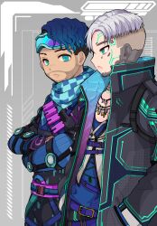 Rule 34 | 2boys, absurdres, apex legends, belt, black jacket, black pants, blue belt, blue bodysuit, blue eyes, blue hair, blue scarf, blue shirt, bodysuit, checkered clothes, checkered scarf, crossed arms, crypto (apex legends), facial hair, frown, goatee, goggles, goggles on head, hand in pocket, highres, jacket, kansaibito, looking ahead, looking to the side, mirage (apex legends), multiple boys, pants, scarf, shirt, stubble, vest, white hair, white vest