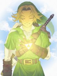 Rule 34 | 1boy, bad id, bad pixiv id, belt, blonde hair, closed eyes, gauntlets, gloves, green shirt, hat, link, male focus, master sword, nintendo, pointy ears, sheath, sheathed, shield, shield on back, shirt, smile, solo, sword, the legend of zelda, the legend of zelda: ocarina of time, tunic, weapon