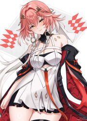 Rule 34 | 1girl, ahoge, bare shoulders, black jacket, blush, breasts, changli (wuthering waves), cleavage, dress, hair intakes, hair ornament, highres, jacket, looking at viewer, medium breasts, multicolored hair, open clothes, open jacket, pink hair, smile, solo, tacet mark (wuthering waves), thighs, two-tone hair, uriuritei, white dress, white hair, wuthering waves, yellow eyes