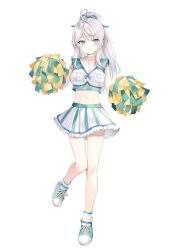 Rule 34 | 1girl, absurdres, ahoge, alisa mikhailovna kujou, alternate costume, alternate hairstyle, artist request, breasts, cheering, cheerleader, cleavage, clothes writing, crop top, crop top overhang, full body, highres, holding, holding pom poms, looking at viewer, medium breasts, midriff, miniskirt, momoko (momopoco), navel, pleated skirt, pom pom (cheerleading), pom poms, ponytail, shirt, shoes, silver hair, simple background, skirt, sleeveless, sleeveless shirt, smile, sneakers, solo, standing, standing on one leg, tokidoki bosotto roshia-go de dereru tonari no arya-san, white background