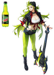 Rule 34 | 1girl, absurdres, armband, beanie, belt, black choker, black footwear, black hat, boots, bracelet, breasts, chain, choker, cleavage, cross-laced footwear, electric guitar, fingernails, green belt, green hair, green pantyhose, green theme, guitar, hand in pocket, hat, highres, holding, instrument, jewelry, lace-up boots, long fingernails, long hair, mountain dew, nail polish, navel, original, pantyhose, parted lips, personification, photo-referenced, pink lips, plaid, red eyes, red nails, rinotuna, sharp fingernails, simple background, sleeves rolled up, soda, soda bottle, solo, tattoo, untied footwear, white background