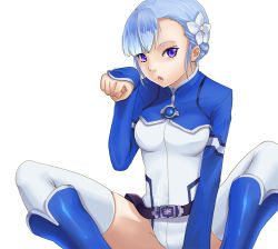 Rule 34 | 10s, 1girl, :o, aona (anagasaki), bad id, bad pixiv id, belt, belt skirt, blue footwear, blue hair, blunt bangs, bodysuit, boots, braid, breasts, cropped jacket, face, fin e ld si laffinty, flower, french braid, hair flower, hair ornament, knee boots, leotard, long sleeves, looking at viewer, open mouth, paw pose, purple eyes, rinne no lagrange, short hair, sidelocks, simple background, sitting, sleeves past wrists, solo, spread legs, thighhighs, turtleneck, white background, white thighhighs