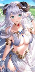 Rule 34 | 1girl, armlet, bare shoulders, blue eyes, breasts, choker, cleavage, cowboy shot, curled horns, day, fujima takuya, hair ornament, hand up, horns, large breasts, long hair, looking at viewer, midriff, navel, open mouth, original, outdoors, pelvic curtain, revealing clothes, skirt, sleeveless, smile, solo, standing, stomach, very long hair, white hair, white skirt