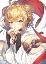 Rule 34 | 1girl, :3, andira (granblue fantasy), animal ears, antenna hair, blonde hair, blush, closed mouth, erune, granblue fantasy, highres, looking at viewer, monkey ears, monkey tail, short hair, simple background, solo, tail, topia, white background, wide sleeves, yellow eyes