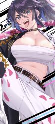 Rule 34 | 1girl, anniversary, belt, belt buckle, breasts, buckle, chest sarashi, choker, highres, isuka, kson, large breasts, looking at viewer, mole, mole under eye, navel, open mouth, pants, piercing, ponytail, sarashi, smile, solo, souchou, sword, teeth, tongue, tongue out, tongue piercing, upper teeth only, virtual youtuber, vshojo, weapon
