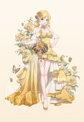 Rule 34 | 1girl, absurdres, bare shoulders, blonde hair, blush, breasts, bug, butterfly, cleavage, crossed ankles, dress, drill hair, flower, frilled dress, frills, full body, hair flower, hair ornament, hand on own hip, high heels, highres, image sample, insect, jewelry, long hair, mahou shoujo madoka magica, mahou shoujo madoka magica (anime), necklace, pixiv sample, ribbon, sample watermark, smile, solo, standing, tomoe mami, tujiu sama, twin drills, twintails, watermark, white background, yellow butterfly, yellow dress, yellow eyes, yellow flower