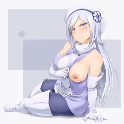 Rule 34 | 10s, 1girl, :&lt;, aila jyrkiainen, arm support, bare shoulders, blush, boots, breast slip, breasts, dress, elbow gloves, fur trim, gloves, gundam, gundam build fighters, hat, long hair, nipples, one breast out, pantyhose, purple eyes, shikuta maru, silver hair, sitting, solo, thigh boots, thighhighs