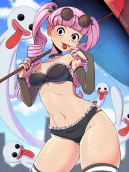 Rule 34 | 1girl, :p, black bridal gauntlets, black nails, bridal gauntlets, ghost, highres, kagato007, navel, one piece, perona, pink hair, sky, solo, stomach, sunglasses on head, swimsuit, tongue, tongue out, twintails, umbrella