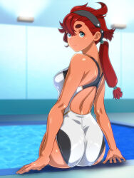 Rule 34 | 1girl, anime coloring, ass, back cutout, bare arms, blue eyes, blurry, blurry background, breasts, closed mouth, clothing cutout, competition swimsuit, dark-skinned female, dark skin, grey hairband, gundam, gundam suisei no majo, hairband, indoors, long hair, looking at viewer, looking back, monteriakitto, one-piece swimsuit, ponytail, pool, poolside, red hair, sitting, small breasts, solo, suletta mercury, swimsuit, white one-piece swimsuit