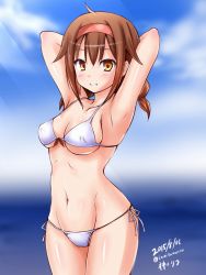 Rule 34 | 10s, 1girl, armpits, arms behind head, arms up, bikini, blush, breasts, brown eyes, brown hair, covered erect nipples, gradient background, hairband, highres, kamikawa ritsu, kantai collection, looking at viewer, navel, parted lips, red hairband, shiratsuyu (kancolle), short hair, sky, smile, solo, swimsuit