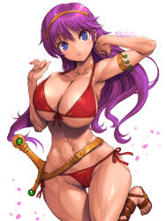 Rule 34 | 1girl, amania orz, athena (series), bikini, blue eyes, breasts, cleavage, collarbone, cowboy shot, dated, foot out of frame, front-tie bikini top, front-tie top, highres, huge breasts, large breasts, long hair, navel, petals, princess athena, purple hair, red bikini, side-tie bikini bottom, simple background, solo, swimsuit, sword, twitter username, underboob, weapon, white background