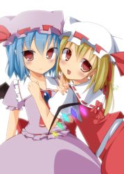 Rule 34 | 2girls, ascot, bad id, bad pixiv id, bat wings, blonde hair, blue hair, blush, bow, brooch, ebiebiebio, fang, female focus, flandre scarlet, glowing, glowing wings, hair ribbon, hat, hat bow, hat with ears, highres, jewelry, looking back, multiple girls, open mouth, red eyes, remilia scarlet, ribbon, short hair, siblings, side ponytail, simple background, sisters, smile, touhou, wavy mouth, wings