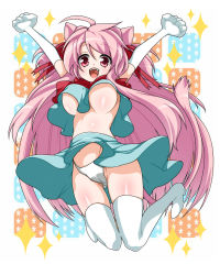 Rule 34 | 1girl, ahoge, animal ears, arms up, bad id, bad pixiv id, boots, breasts, cat ears, cat tail, elbow gloves, fangs, gloves, hair ribbon, jumping, long hair, open mouth, original, panties, pink eyes, pink hair, ribbon, solo, tail, takatsuki ichi, thigh boots, thighhighs, underboob, underwear, very long hair, white gloves, white panties, white thighhighs