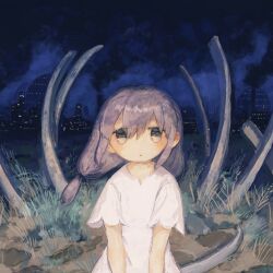 Rule 34 | 1girl, blue sky, brown eyes, chimney, commentary, cowboy shot, cropped, dress, grass, grey hair, highres, kezuru, long hair, looking at viewer, low twintails, night, original, outdoors, parted lips, short sleeves, sky, smoke, solo, straight-on, symbol-only commentary, twintails, white dress