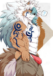 Rule 34 | 1boy, ?, abs, animal ears, arm tattoo, artist request, ass, bara, bulge, bulge lift, check copyright, chest tattoo, copyright request, dressing, fang, fang out, feet out of frame, from side, furry, furry male, gradient hair, highres, i&#039;ve never seen a guy recreate this successfully tbh (meme), large pectorals, long hair, looking at viewer, male focus, male underwear, meme, multicolored hair, muscular, muscular male, nipples, no nipples, open pants, original, pants, pants lift, pectorals, red male underwear, ribbed male underwear, solo, spoken question mark, stomach, tail, tattoo, thick thighs, thighs, topless male, undersized clothes, underwear, wolf boy, wolf ears, wolf tail