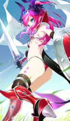 Rule 34 | 1girl, absurdres, armor, asymmetrical horns, bikini, bikini armor, blue eyes, blue sky, breasts, cape, curled horns, day, dragon girl, dragon horns, dragon tail, earrings, elizabeth bathory (brave) (fate), elizabeth bathory (fate), fate/grand order, fate (series), highres, holding, holding shield, holding sword, holding weapon, horns, jewelry, long hair, loose bikini, outdoors, oversized clothes, pauldrons, pink hair, pointy ears, red armor, red bikini, shield, shoes, shoulder armor, silver trim, sky, small breasts, solo, spiked boots, spiked footwear, spiked shoes, spikes, standing, swimsuit, sword, tail, tochi keisuke, uneven horns, vambraces, weapon, white cape