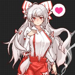Rule 34 | 1girl, ahoge, black background, bow, breasts, cigarette, closed mouth, collared shirt, commentary request, cowboy shot, eaglov, fujiwara no mokou, hair bow, heart, holding, holding cigarette, long hair, long sleeves, looking at viewer, medium breasts, pants, pixel art, red eyes, red pants, shirt, simple background, smoke, solo, spoken heart, suspenders, touhou, variant set, white bow, white hair, white shirt