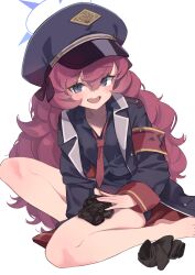 Rule 34 | 1girl, black eyes, black hat, black jacket, black shirt, blue archive, commentary request, halo, hat, highres, iroha (blue archive), jacket, long hair, long sleeves, looking at viewer, necktie, open mouth, panties, red hair, red necktie, shirt, simple background, sitting, solo, thighs, underwear, white background, yoshida pino