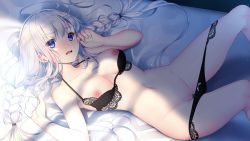 Rule 34 | 1girl, bare arms, bare legs, bed sheet, black bra, black panties, blue eyes, blush, bra, bra pull, braid, breasts, censored, clothes pull, collarbone, game cg, halterneck, honda tamanosuke, lingerie, long hair, looking at viewer, lying, medium breasts, mosaic censoring, navel, nipples, on back, on bed, open mouth, panties, panty pull, pussy, pussy juice, re:d cherish, sheet grab, solo, sweatdrop, twin braids, twintails, underwear, underwear only, unica la-speranza, very long hair, wavy mouth, white hair