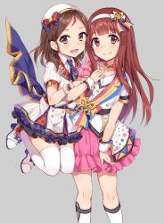 Rule 34 | 2girls, :d, ayase honoka, bad id, bad pixiv id, beret, blue bow, blush, bow, brown eyes, brown hair, center frills, chobi (penguin paradise), closed mouth, collared shirt, commentary request, crown print, feet out of frame, forehead, frills, grey background, hair bow, hairband, hat, head tilt, high heels, highres, idolmaster, idolmaster cinderella girls, idolmaster million live!, idolmaster million live! theater days, jacket, jumping, long hair, looking at viewer, multiple girls, nouvelle tricolore (idolmaster), open mouth, parted bangs, pink skirt, plaid, plaid bow, pleated skirt, puffy short sleeves, puffy sleeves, red bow, shirt, shoes, short sleeves, simple background, skirt, smile, standing, striped clothes, striped jacket, striped skirt, tanaka kotoha, thighhighs, vertical-striped clothes, vertical-striped jacket, vertical-striped skirt, very long hair, white footwear, white hairband, white hat, white jacket, white shirt, white skirt, wrist cuffs