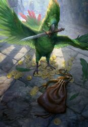 Rule 34 | animal, bird, bird wings, coin, coin purse, feathered wings, feathers, field marshal windbag, full body, grafit studio, green feathers, gwent (game), highres, holding, holding knife, knife, looking at viewer, mouth hold, no humans, non-web source, official art, outdoors, the witcher (series), the witcher 3, wings