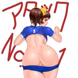 Rule 34 | 1girl, ass, attack no 1, ayuhara kozue, backboob, bandaid, bandaid on pussy, bent over, blue eyes, breasts, brown hair, clothes pull, foreshortening, from behind, gym uniform, looking back, midriff, no panties, ponytail, pussy, shirt pull, shorts, shorts pull, simple background, solo, text focus, tms entertainment, translated, white background, zen and retro
