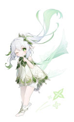 Rule 34 | 1girl, absurdres, bloomers, braid, cape, child, cross-shaped pupils, dress, finger to mouth, full body, genshin impact, gradient hair, green cape, green eyes, green hair, hair between eyes, hair ornament, highres, leaf hair ornament, long hair, looking at viewer, multicolored hair, nahida (genshin impact), neneko sleep, one eye closed, pointy ears, side braid, side ponytail, simple background, sleeveless, sleeveless dress, smile, solo, stirrup footwear, symbol-shaped pupils, toeless footwear, underwear, white background, white bloomers, white dress, white footwear, white hair