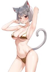 Rule 34 | 1girl, absurdres, animal ear fluff, animal ears, arm behind head, bikini, bob cut, breasts, cat ears, cat tail, cleavage, contrapposto, cowboy shot, gold bikini, grey hair, hair ornament, hairclip, highres, looking at viewer, medium breasts, navel, neneko mashiro, red eyes, short hair, sibo, simple background, solo, stellive, swimsuit, tail, tongue, tongue out, virtual youtuber, white background