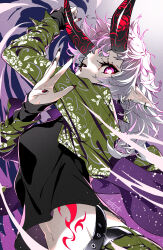 Rule 34 | 1girl, absurdres, belt, black nails, black shirt, breasts, commentary request, ear piercing, fingernails, floral print, from below, green jacket, highres, horns, jacket, long fingernails, long hair, long sleeves, looking at viewer, medium breasts, oni, oni horns, open clothes, open jacket, original, piercing, pointy ears, purple eyes, shirt, signature, simple background, slit pupils, solo, stomach tattoo, tattoo, tochi keisuke, white hair