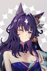 Rule 34 | 1girl, ;), animal ears, bare shoulders, blue dress, bright pupils, commentary request, dress, grey background, hair intakes, head tilt, highres, horse ears, long hair, looking at viewer, mole, mole under eye, one eye closed, purple eyes, purple hair, smile, solo, solokitsune, strapless, strapless dress, umamusume, upper body, verxina (umamusume), white pupils