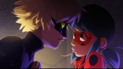 Rule 34 | 1boy, 1girl, adrien agreste, bell, black bodysuit, blonde hair, blue hair, bodysuit, chat noir, colored sclera, face-to-face, green sclera, highres, ladybug (character), lips, long hair, magical girl, marinette dupain-cheng, mask, miraculous ladybug, nose, office, official art, polka dot, shorts, superhero costume, twintails