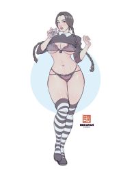 Rule 34 | 1girl, addams family, black eyes, black hair, bokuman, bottle, bra, braid, breasts, cleavage, clothes lift, curvy, full body, highres, large breasts, lips, long hair, looking at viewer, navel, open clothes, open mouth, panties, poison, shiny skin, shirt, shirt lift, shoes, skirt, solo, standing, striped clothes, striped thighhighs, thighhighs, thong, twin braids, underwear, wednesday addams, wide hips