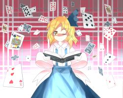 Rule 34 | 1girl, absurdres, aged down, alice margatroid, alice margatroid (pc-98), back bow, blonde hair, blue bow, blue skirt, book, bow, buttons, card, closed eyes, collared shirt, commentary request, frilled shirt collar, frills, grimoire of alice, hair bow, highres, holding, holding book, long skirt, medium hair, poker, puffy short sleeves, puffy sleeves, shirt, short sleeves, skirt, smile, suspenders, touhou, touhou (pc-98), wavy hair, white background, white shirt, wottosei, yellow eyes