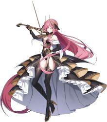 Rule 34 | 1girl, artist request, bare shoulders, black thighhighs, bow (music), breasts, bridal gauntlets, closed eyes, counter:side, dress, full body, garter straps, hair ornament, high heels, highres, holding, holding bow (music), holding instrument, holding violin, instrument, long hair, medium breasts, official art, pink hair, revealing clothes, shena (counter:side), solo, tachi-e, tattoo, thighhighs, transparent background, very long hair, violin