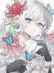 Rule 34 | 1boy, androgynous, blue butterfly, blue eyes, bug, butterfly, facing away, flower, gloves, highres, insect, japanese clothes, kimono, looking at viewer, male focus, namiki itsuki, original, parted lips, red flower, short hair, solo, spider lily, white flower, white hair, white kimono, white spider lily, yukata