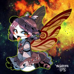 Rule 34 | 1girl, alternate wings, butterfly wings, character name, dress, fangs, frilled skirt, frills, green eyes, green outline, hat, insect wings, long sleeves, looking at viewer, moth wings, mystia lorelei, no nose, open mouth, outline, pink footwear, pink hair, purple footwear, short hair, sitting, skirt, smile, solo, tongue, tongue out, touhou, wariza, wings, yt (wai-tei)