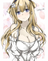 Rule 34 | 1girl, alternate costume, artist name, bare shoulders, blonde hair, blush, breasts, cleavage, closed mouth, dated, fletcher (kancolle), floral background, gakky, hair flaps, kantai collection, large breasts, long hair, looking at viewer, one-hour drawing challenge, purple eyes, shirt, simple background, smile, solo, white shirt