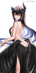 Rule 34 | 1girl, absurdres, alternate costume, artist name, ass, asymmetrical horns, back, black hair, breasts, butt crack, cocktail glass, cup, dimples of venus, dress, drinking glass, evening gown, highres, hololive, hololive english, horns, large breasts, long hair, looking at viewer, looking back, low wings, mole, mole under eye, nerissa ravencroft, paid reward available, patreon logo, purple eyes, revealing clothes, simple background, solo, virtual youtuber, wings, wonnikon