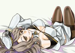 Rule 34 | 1girl, bed, black pantyhose, breasts, brown hair, cleavage, commentary request, corset, headgear, highres, houston (kancolle), kagesaki yuna, kantai collection, large breasts, long hair, long sleeves, lying, military, military uniform, pantyhose, short hair, simple background, smile, solo, thighband pantyhose, uniform, white background, yellow eyes