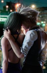 Rule 34 | 1boy, 1girl, 3d, back, backless dress, backless outfit, black hair, blonde hair, blue dress, blue nils, blurry, blurry background, breasts, cloud strife, couple, date, dress, earrings, final fantasy, final fantasy vii, final fantasy vii remake, formal, from behind, highres, jewelry, large breasts, long hair, looking at another, official alternate costume, ria-neearts, sleeveless, sleeveless dress, spiked hair, square enix, tifa lockhart, tifa lockhart (refined dress), upper body, wall market