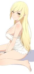 Rule 34 | 1girl, absurdres, bare shoulders, barefoot, blonde hair, breasts, camui1104, closed mouth, commentary request, dress, feet, from side, hands on floor, highres, kiss-shot acerola-orion heart-under-blade, kizumonogatari, large breasts, legs, light blush, long hair, looking at viewer, monogatari (series), on floor, oshino shinobu, pointy ears, shadow, short dress, sidelocks, simple background, sitting, smile, solo, strap slip, swept bangs, toenails, toes, turning head, very long hair, wariza, white background, white dress, yellow eyes