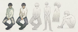 Rule 34 | 1boy, black hair, character sheet, denim, eyepatch, highres, honya lala, jeans, long image, male focus, nude, original, pants, partially colored, sitting, sweater, wide image