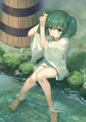 Rule 34 | 1girl, aqua eyes, artist name, bare legs, barefoot, bucket, commentary request, day, grass, green hair, hair bobbles, hair ornament, highres, japanese clothes, kikugetsu, kimono, kisume, knees together feet apart, mouth hold, outdoors, short hair, short kimono, sitting, soaking feet, solo, summer, touhou, two side up, tying hair, water, wet, wet hair, wide sleeves, wooden bucket