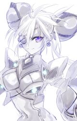Rule 34 | 1girl, bodysuit, closed mouth, commentary request, covered navel, eyepatch, hair between eyes, highres, himo, monochrome, praxis (xenoblade), purple eyes, simple background, smile, solo, spot color, upper body, white background, xenoblade chronicles (series), xenoblade chronicles 2