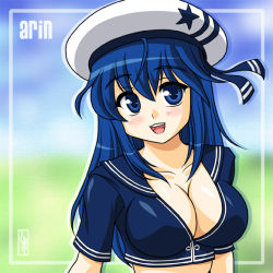 Rule 34 | 1girl, arin, beret, blue eyes, blue hair, blush, breasts, cleavage, female focus, hat, long hair, looking at viewer, matching hair/eyes, open mouth, pangya, shimeta hiromitsu, solo, upper body