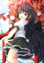 Rule 34 | 1girl, autumn leaves, bird wings, black hair, black skirt, black wings, breasts, bridge, cloud, cloudy sky, collared shirt, commentary request, cowboy shot, day, feathered wings, frilled skirt, frills, happy, hat, highres, leaf, looking at viewer, looking back, maple leaf, medium breasts, miniskirt, open mouth, outdoors, outstretched arms, pom pom (clothes), puffy short sleeves, puffy sleeves, red eyes, red headwear, shameimaru aya, shirt, short hair, short sleeves, skirt, sky, swami, tengu, tokin hat, touhou, white shirt, wings