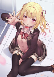 Rule 34 | 1girl, absurdres, ahoge, arm up, between legs, black jacket, black thighhighs, blonde hair, blouse, brown eyes, brown footwear, cardigan, cardigan vest, cherry, closed mouth, collared shirt, commentary request, earrings, equal (heartstrings), falling petals, food, fruit, garter belt, hair intakes, hair ribbon, heterochromia, highres, hoshikawa sara, hoshikawa sara (4th costume), jacket, jewelry, light blush, long sleeves, looking at viewer, mouth hold, nijisanji, orange eyes, outstretched hand, petals, pink cardigan, plaid, plaid skirt, purple eyes, red ribbon, ribbon, school uniform, shirt, shoes, sitting, skirt, smile, solo, swept bangs, thighhighs, twintails day, two side up, uwabaki, virtual youtuber, white shirt, zettai ryouiki