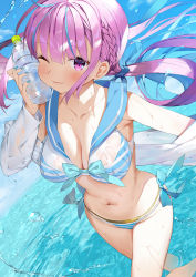 Rule 34 | 1girl, ahoge, armpits, bare shoulders, bikini, blue bow, blue nails, bottle, bow, braid, breasts, cleavage, collarbone, colored inner hair, day, gaou (umaiyo puyoman), highres, holding, hololive, large breasts, layered bikini, long hair, looking at viewer, minato aqua, multicolored hair, nail polish, navel, off shoulder, one eye closed, outdoors, purple eyes, purple hair, sailor bikini, sailor collar, see-through, shirt, side-tie bikini bottom, smile, solo, stomach, streaked hair, striped bikini, striped clothes, swimsuit, thighs, twintails, two-tone hair, virtual youtuber, wading, water, water bottle, wet, wet clothes, wet shirt