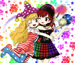 Rule 34 | 2girls, american flag dress, american flag legwear, bare shoulders, blonde hair, chain, cheek-to-cheek, clothes writing, clownpiece, collar, dress, earth (planet), harusame (unmei no ikasumi), hat, heads together, hecatia lapislazuli, hug, jester cap, long hair, looking at viewer, miniskirt, moon, multicolored clothes, multicolored skirt, multiple girls, official style, one eye closed, open mouth, pantyhose, parody, pink eyes, planet, red eyes, red hair, shirt, short dress, skirt, smile, striped clothes, striped dress, style parody, torch, touhou, very long hair, zun (style)